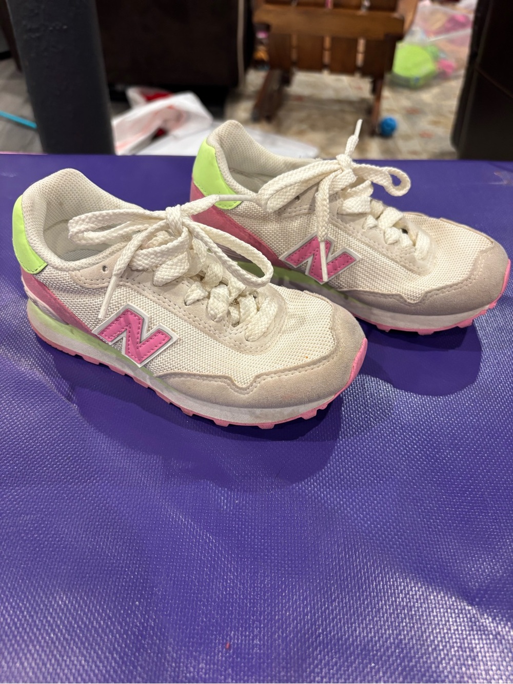 New Balance Kids White Sneakers with Pink and Neon Green Accents
